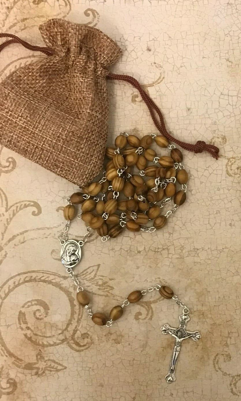 Blessed Catholic Rosary Necklace Olive Wood Oval Beads Jerusalem Soil Crucifix 5