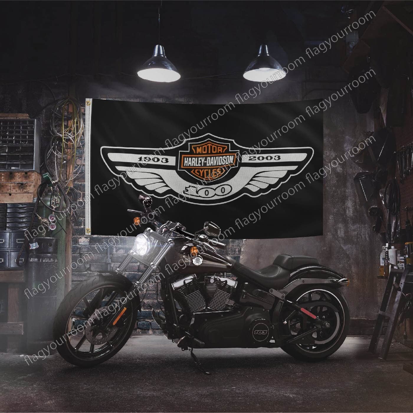 Harley Davidson 100 Years Flag 3x5 ft Banner Logo Garage Wall Sign Grommets 6