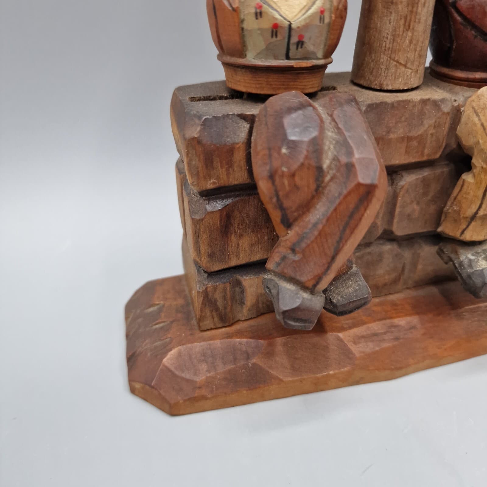 VTG Anri Hand Carved Wood Bar Set - Opener, Cork Screw, Cork - 2 Men & Lamp Post 5