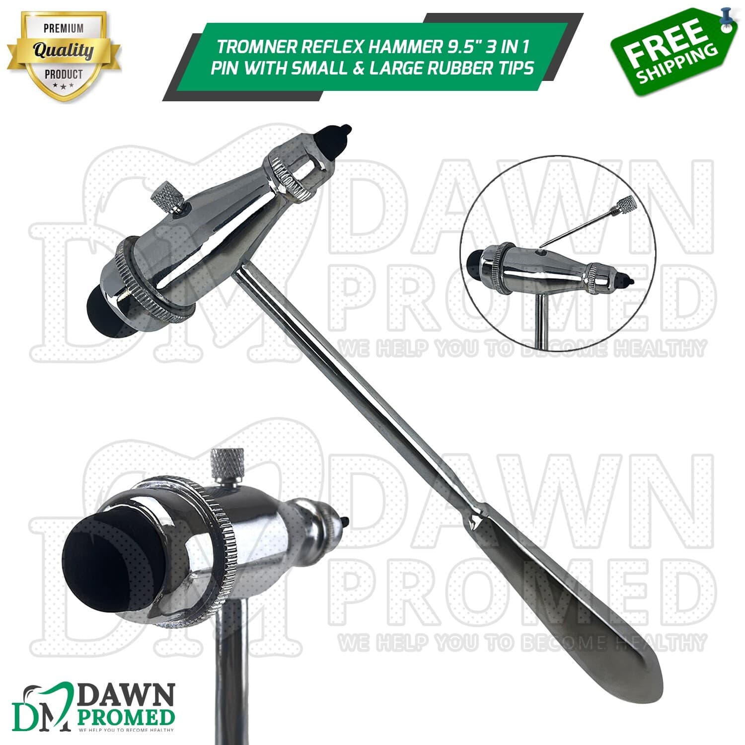 Tromner Neurological Reflex Hammer 9.5" 3 in 1 Pin With Small & Large Rubber Tip