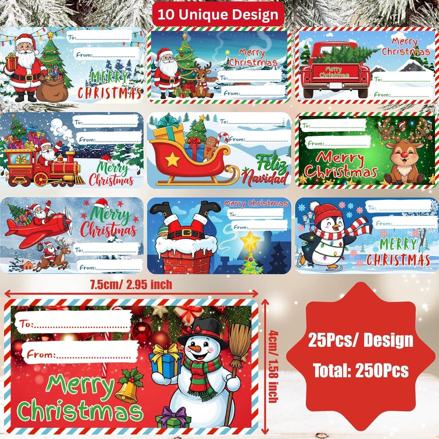 250-Pcs Christmas Gift Tags Stickers Santa Reindeer Snowman Xmas Labels 3