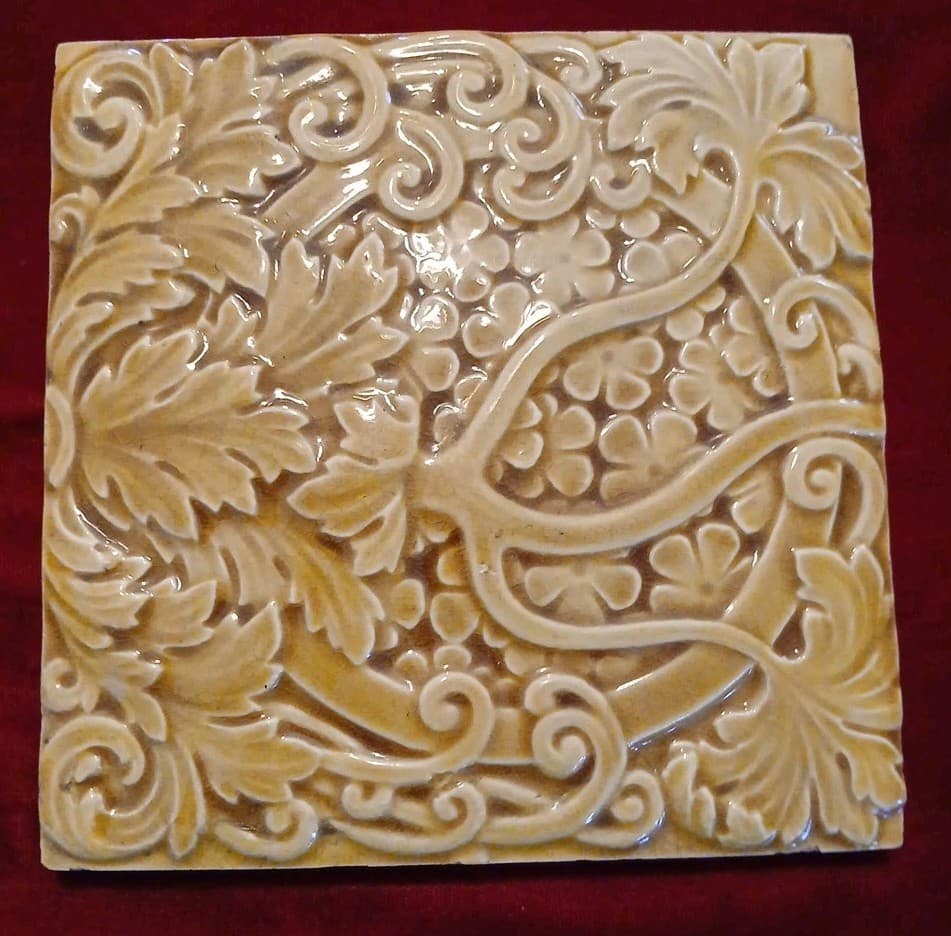 Antique Victorian Majolica Trent Tile Co NJ Art Studio 6" Inch Amber Leaf Flower 3