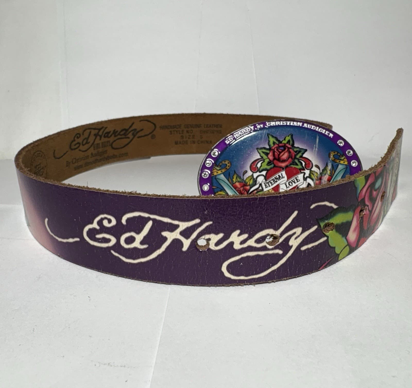 ED HARDY Holiday CHRISTIAN AUDIGIER ETERNAL LOVE Purple Leather Belt Buckle S 4
