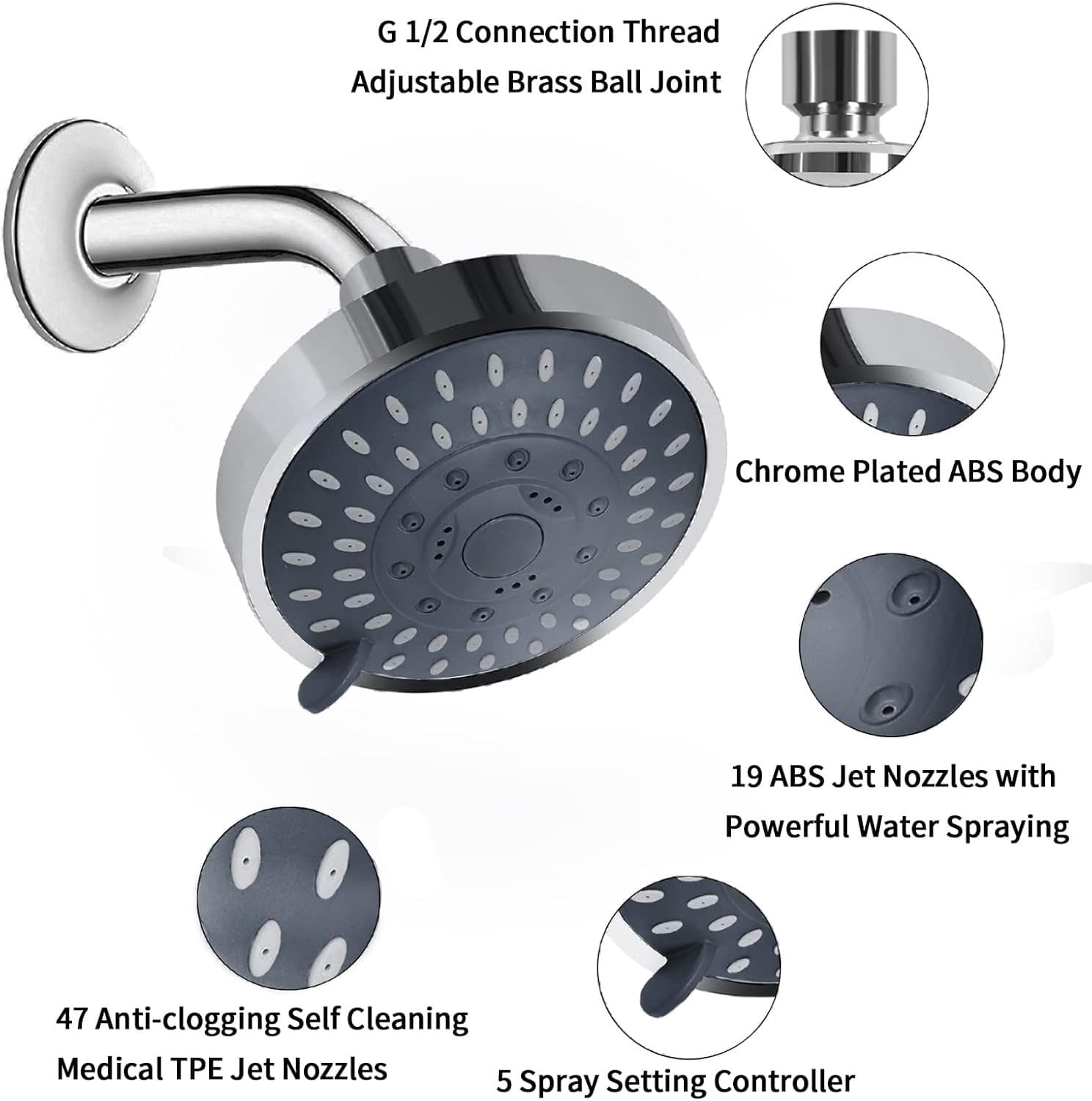 Shower Head, High Pressure Shower Heads 4.1 Inch 5 Settings Rain High Flow Fi 4