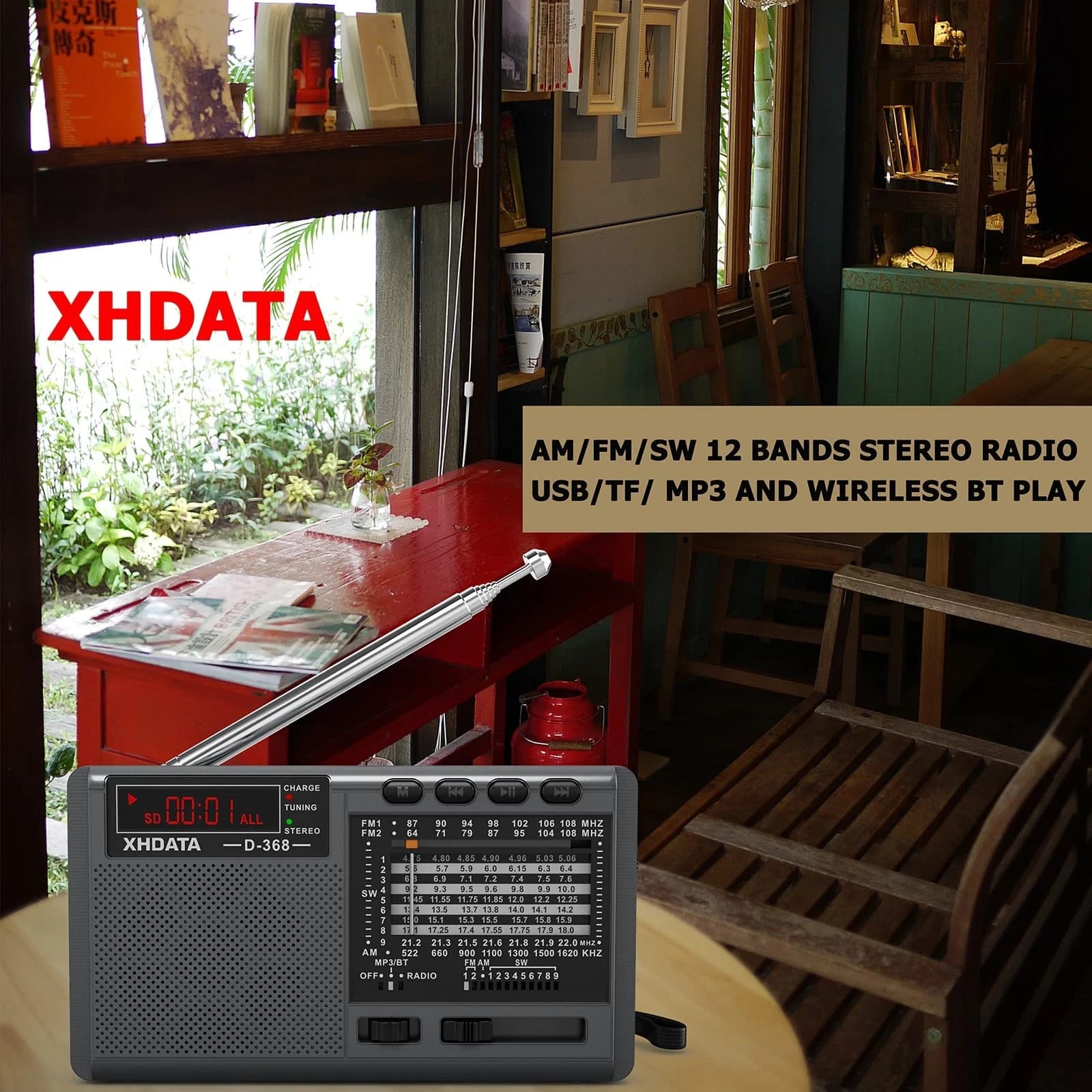 Portable Radio XHDATA D368 Shortwave AM FM SW 12 Band DSP Stereo MP3 Player Wire 3
