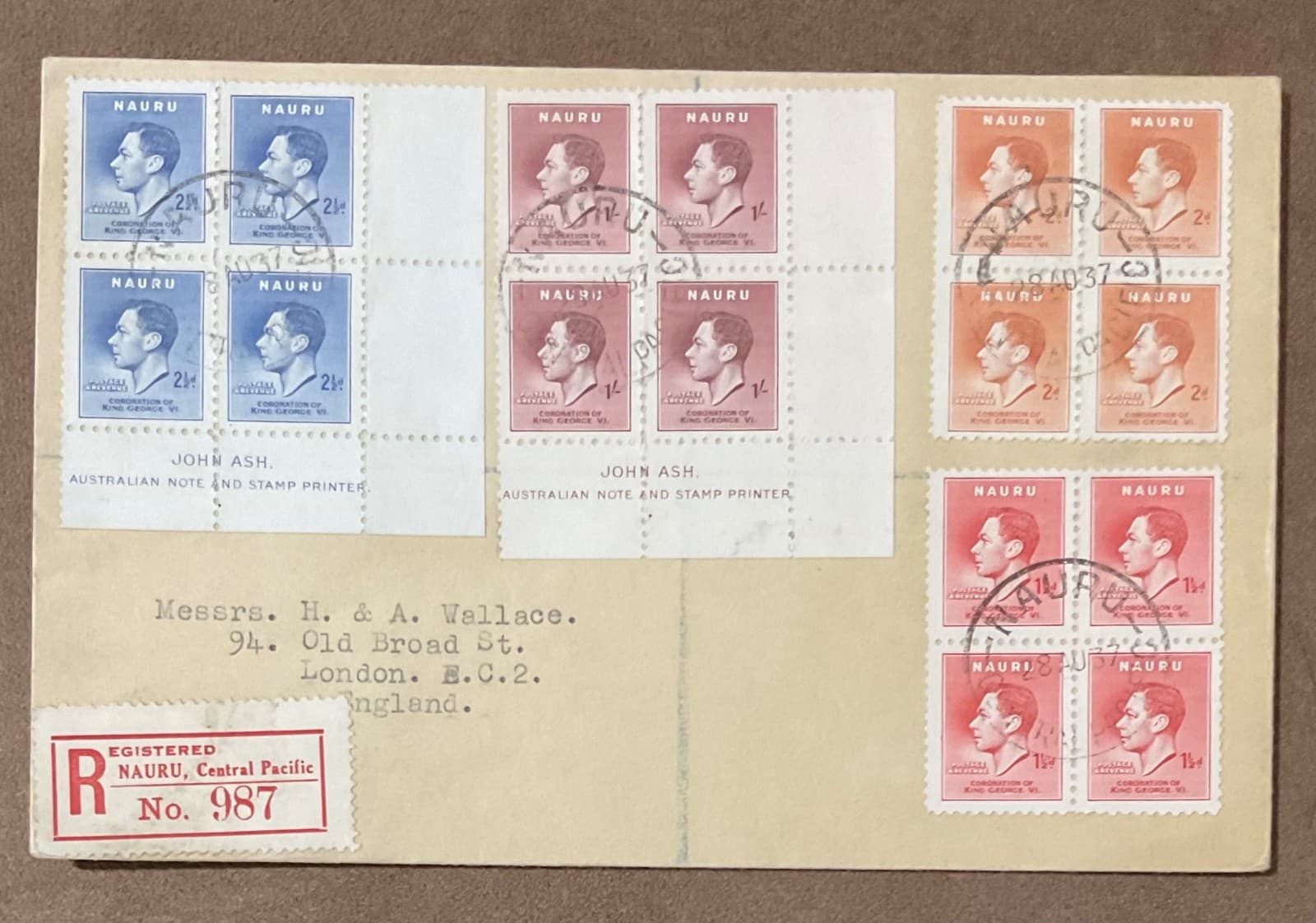 Nauru 1937 KGVI Coronation cover SC 35-38 SG 44-47 block 4 very fine rare REG