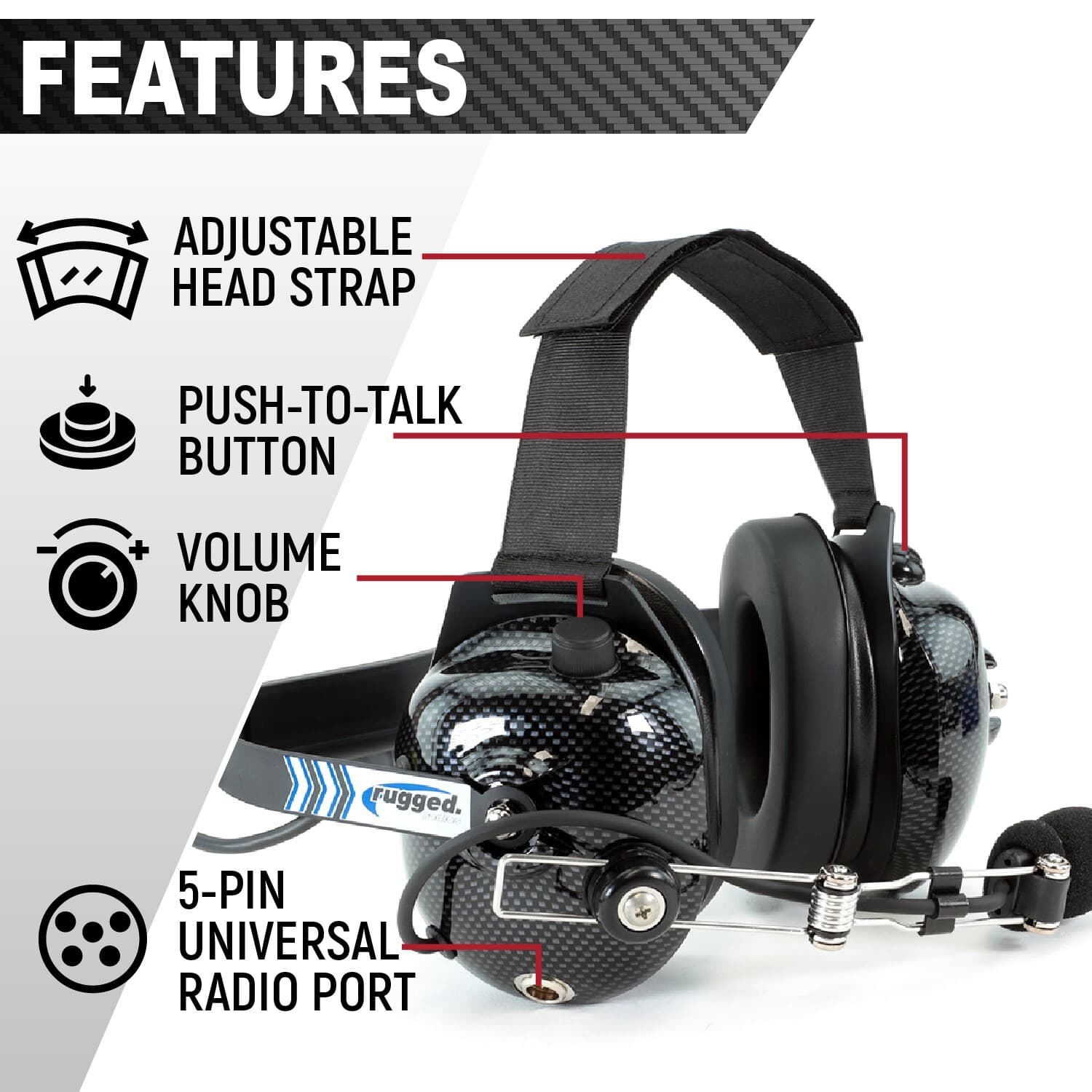 Rugged Radios H41-CF Behind the Head Carbon Fiber NASCAR Racing Two Way Headset 2
