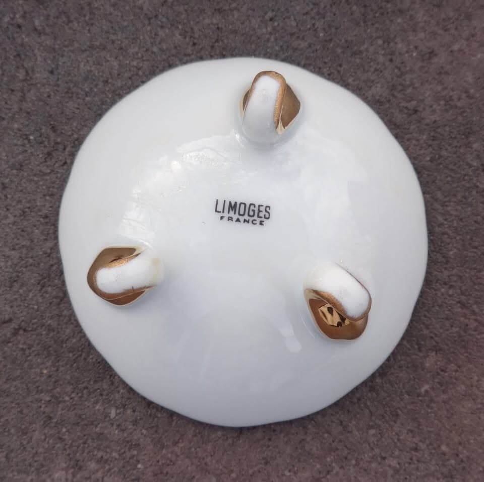 Footed Limoges Porcelain Open Salt Dip, Cellar, Dish w/Figures, Gold! 2