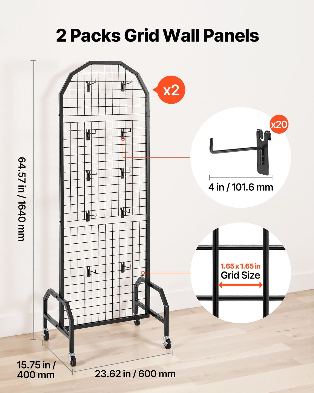 VEVOR 2 Packs Grid Wall Panels,1.9 x 5.4 ft Wire Grid Panels Display Rack,Movabl