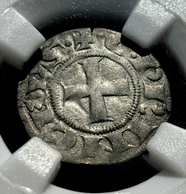 XF CRUSADERS ATHENS 1294-1308 AD, Rare GUY II De La Roche Silver Denier Coin 5