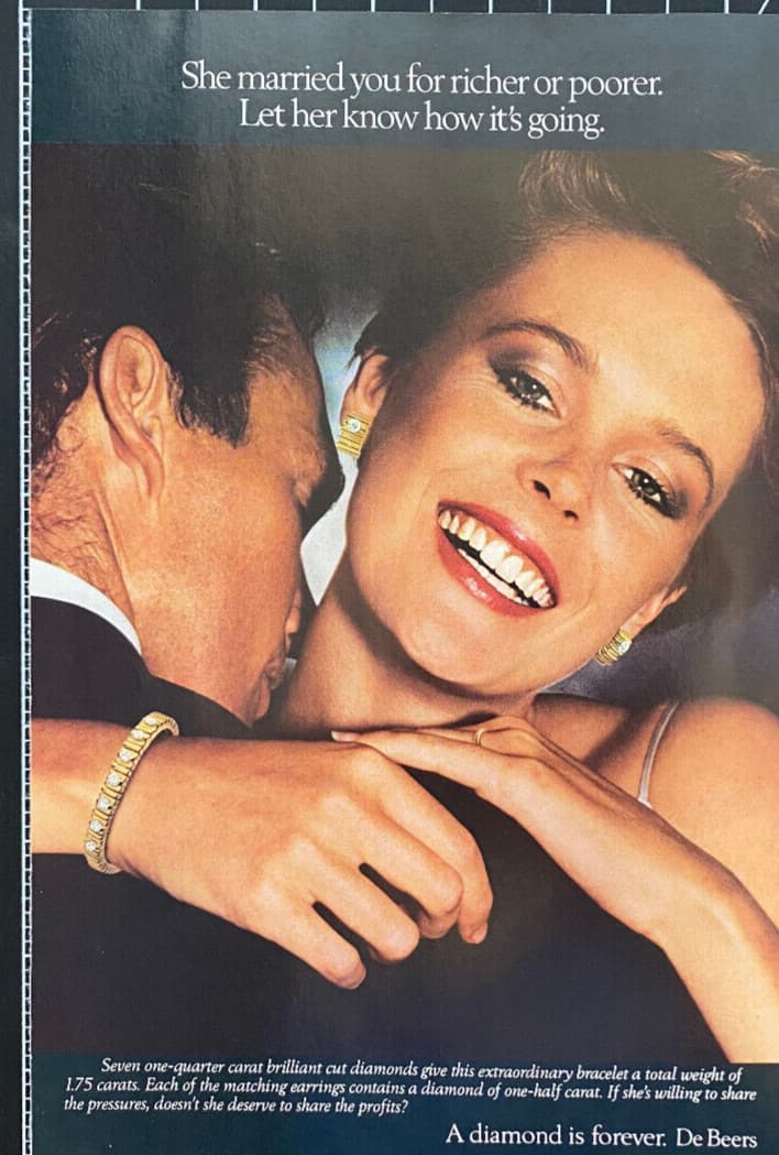 DeBeers Diamonds Richer or Poorer Happy Couple Bracelet Vintage Print Ad 1983 2