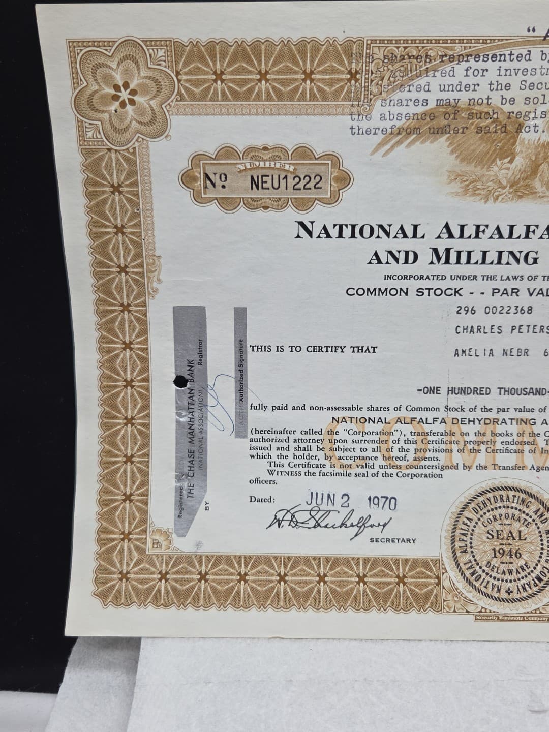 National Alfalfa Dehydrating And Milling Co. 100000 Stock Certificate  Shares 2