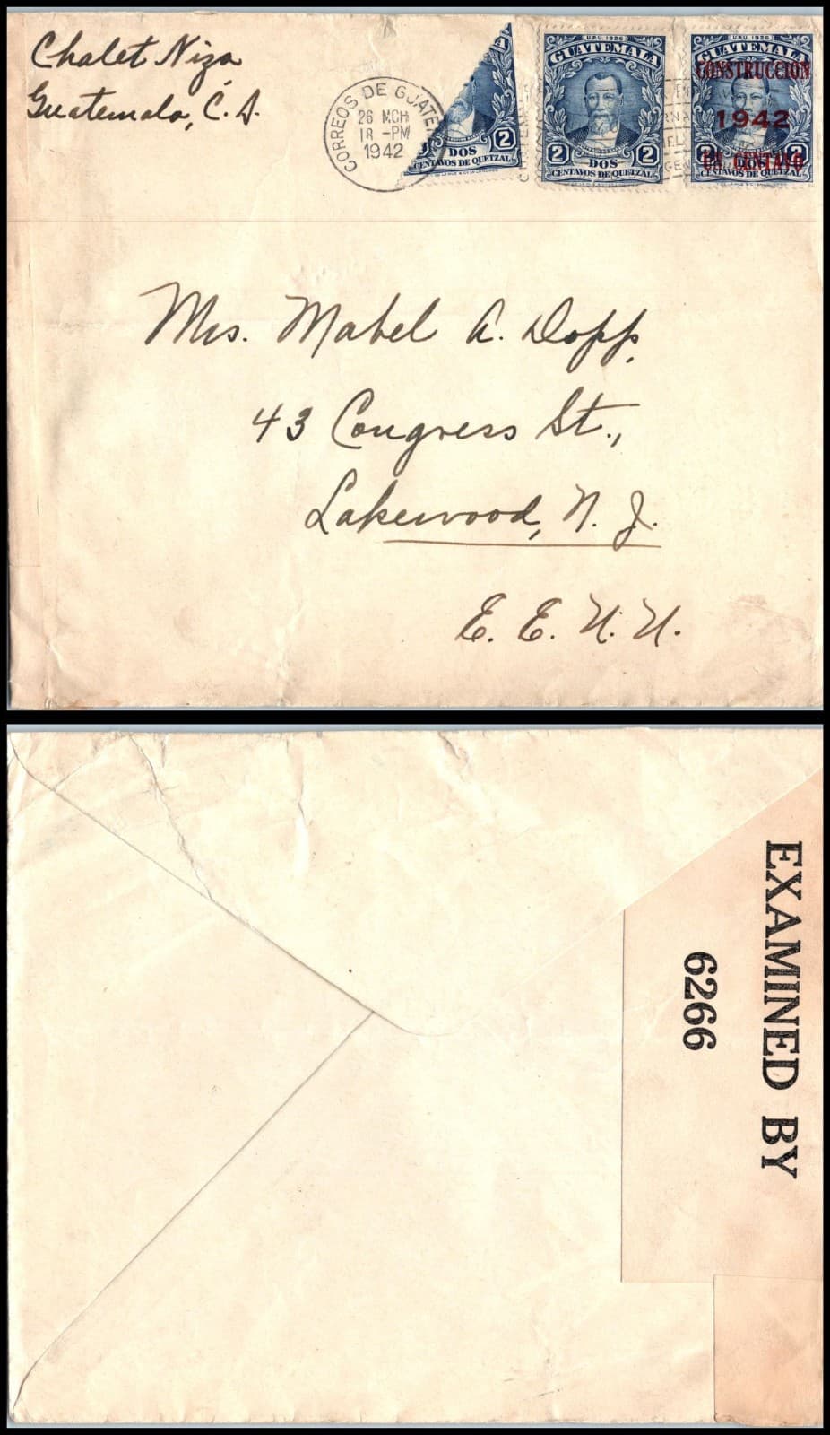 1942 Guatemala to US Bisect Postage Sensor Examined Airmail 300 bisect 235, RA18