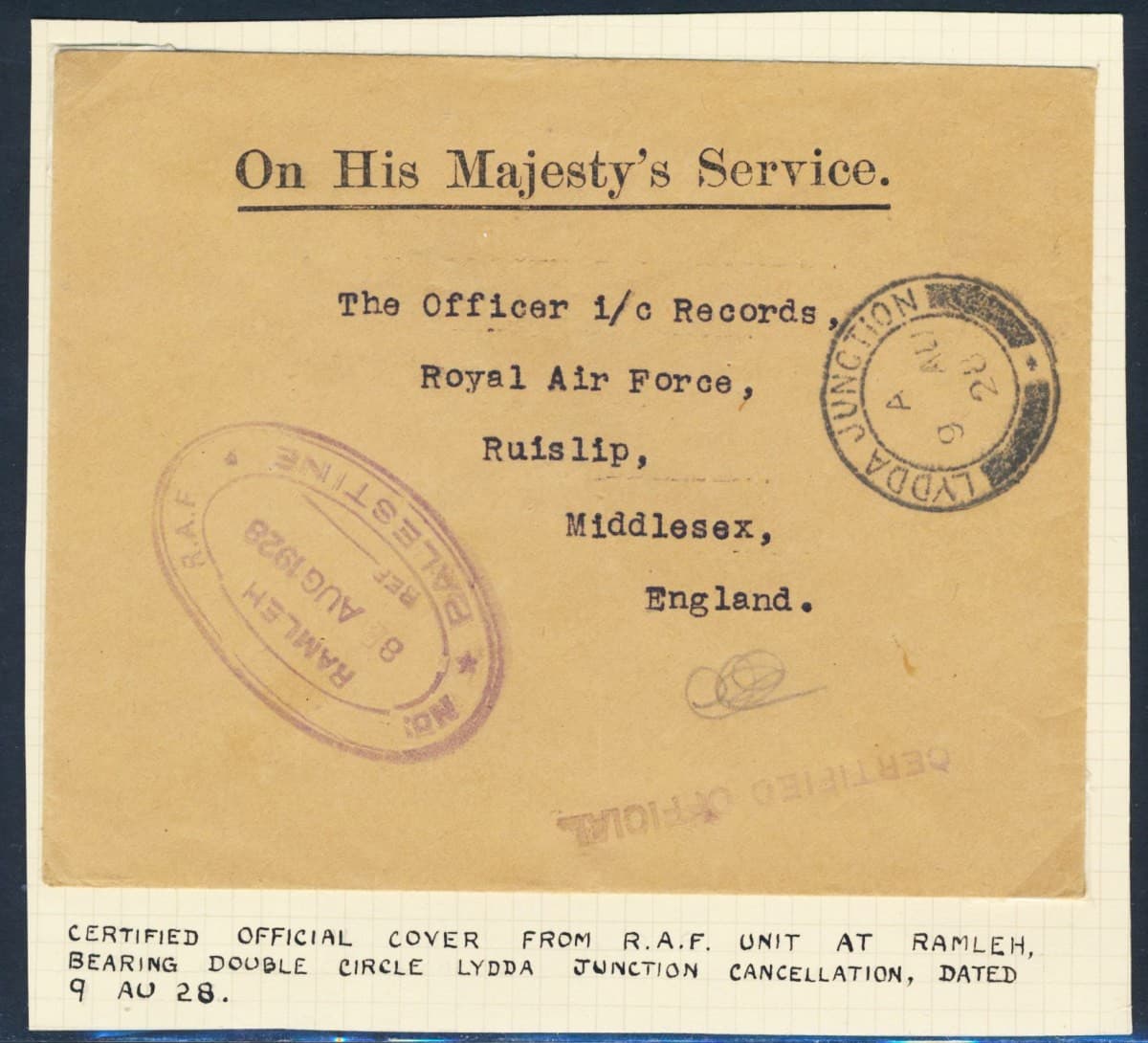 PALESTINE Israel to ENGLAND 1928 Rare Lydda Junction Pmk on RAF Cover to Ruislip