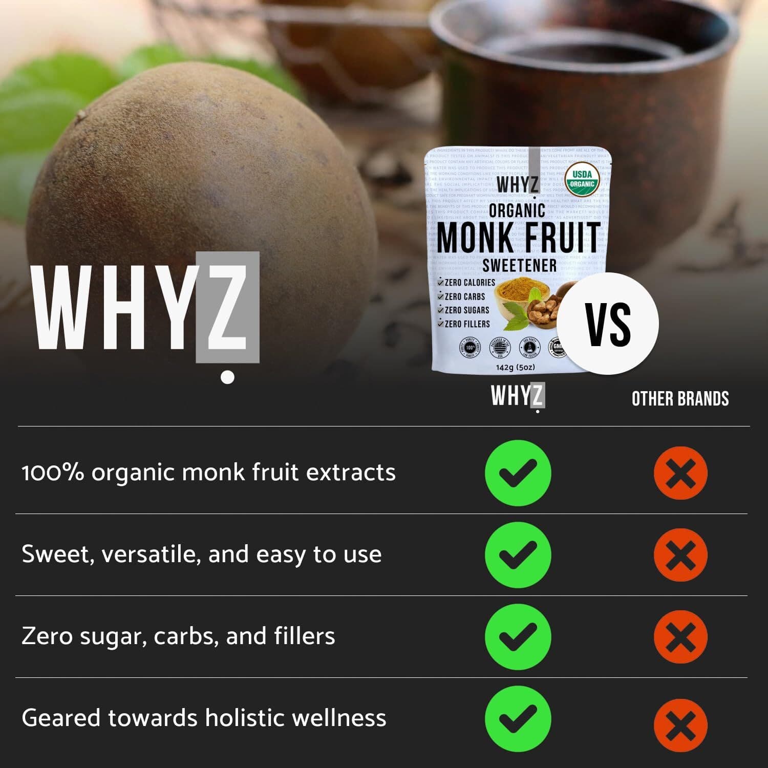 WHYZ Organic Monk Fruit Extract 5 oz USDA Organic Keto & Paleo Friendly 454 Uses 2