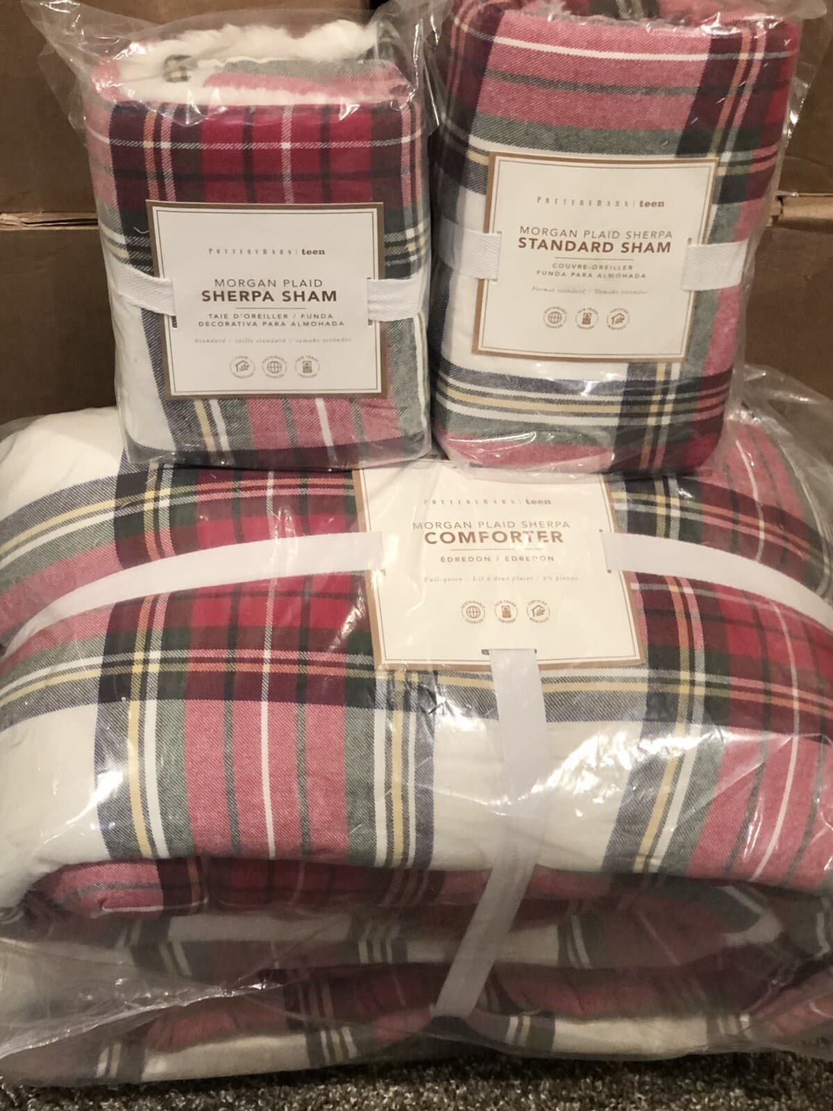 NEW Pottery Barn Teen Morgan Plaid Sherpa Full/Queen Comforter Quilt & Shams Red