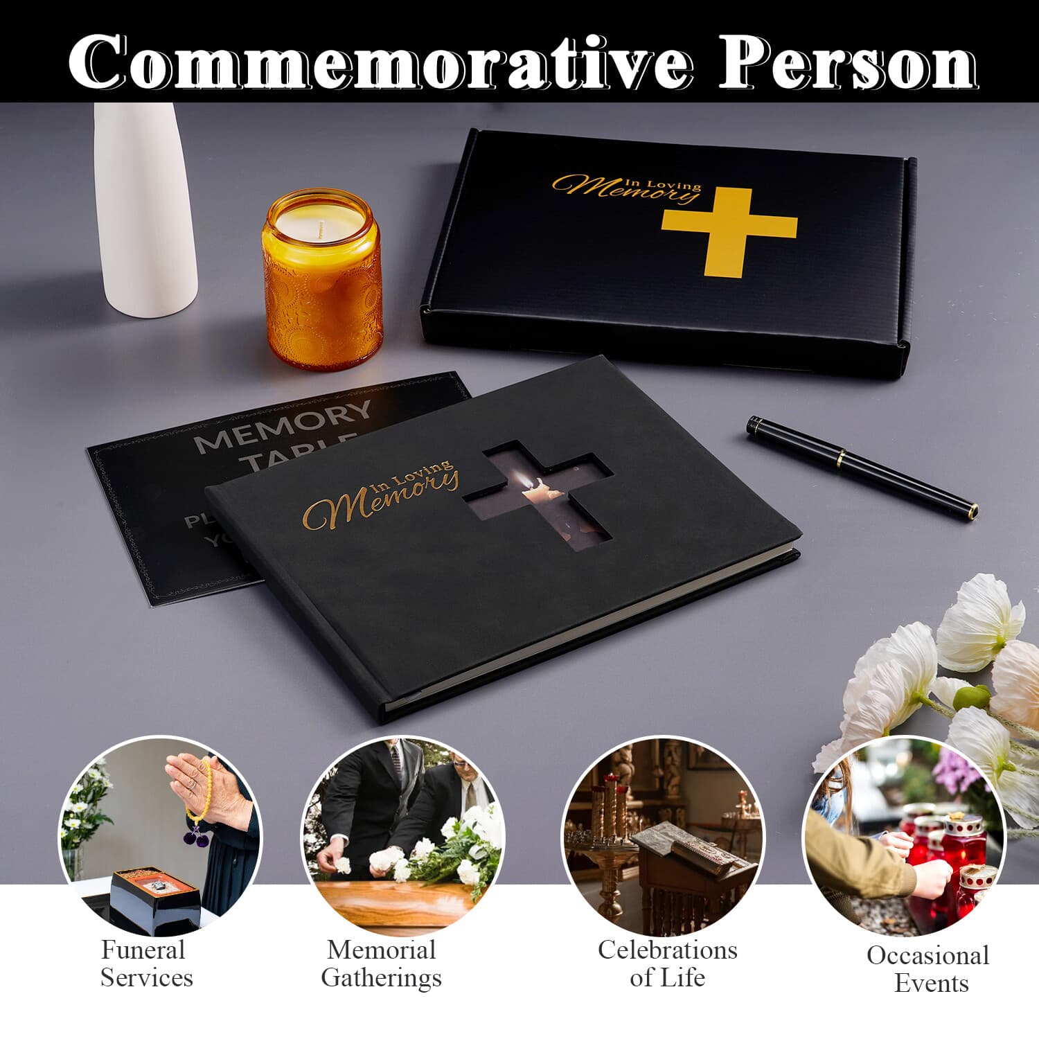 Leather Funeral Guest Book for Memorial with Pen, commemorative of Life Book USA 6