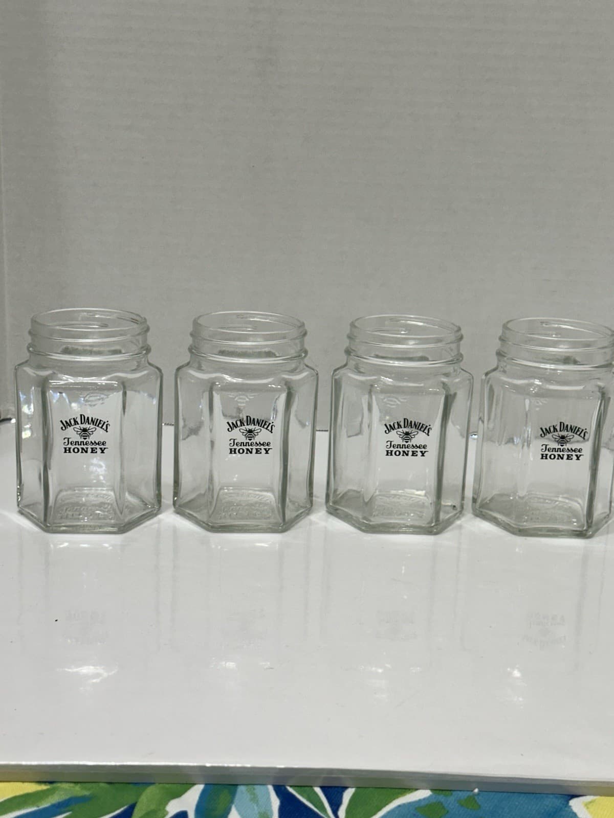4 Jack Daniels Tennessee Honey Jug/Jam Jar/Mason Jar Glasses - Pristine Cond