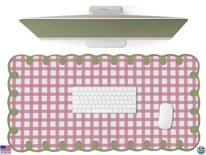 Pink & Green Scalloped Desk Mat - Large Checkered Mouse Pad, Kawaii Vintage
