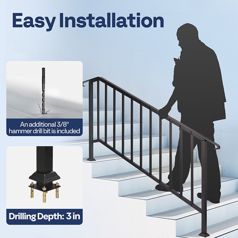 2-Pack 6 Step Hand Rails for Outdoor Steps Wrought Iron Railing for Porch Deck 6