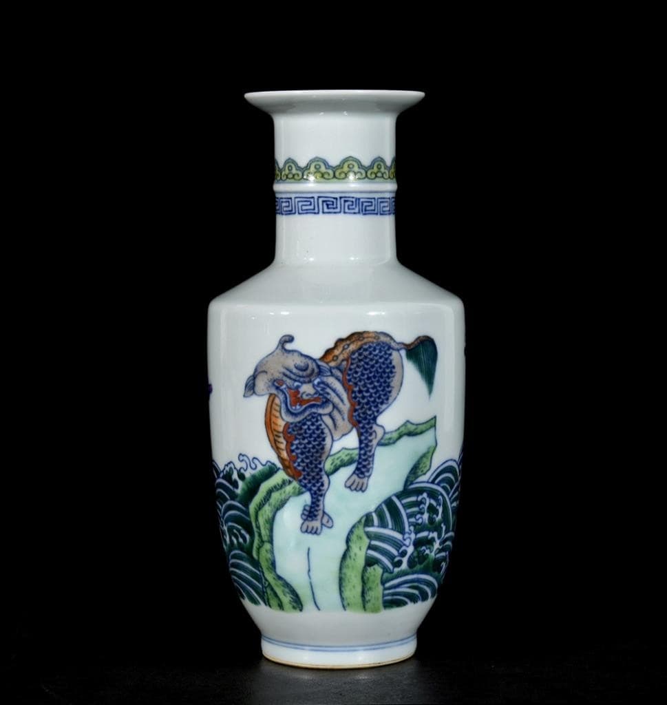 Pair Yongzheng Signed Old Chinese Doucai Vase W/kylin U1339 2