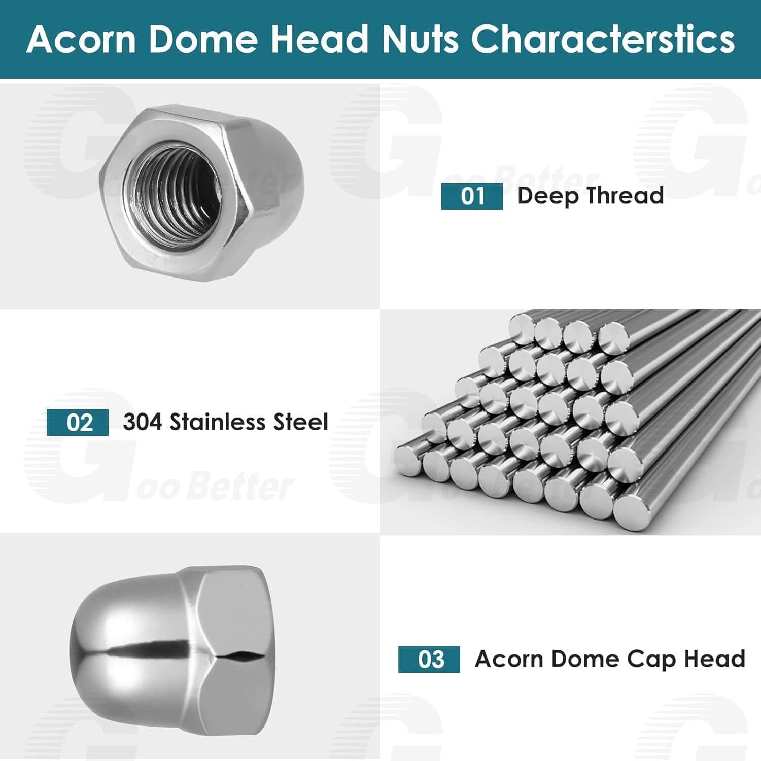 120Pcs UNC Hex Acorn Cap Nuts Assortment Kit #6 #8 #10 - 1/2" A2 Stainless Steel 5