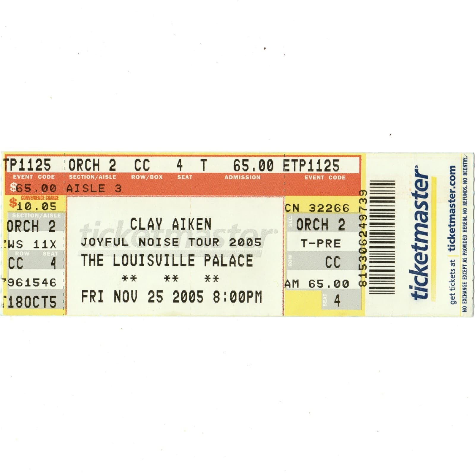 CLAY AIKEN Full Concert Ticket Stub LOUISVILLE 11/25/05 AMERICAN IDOL HERO Rare