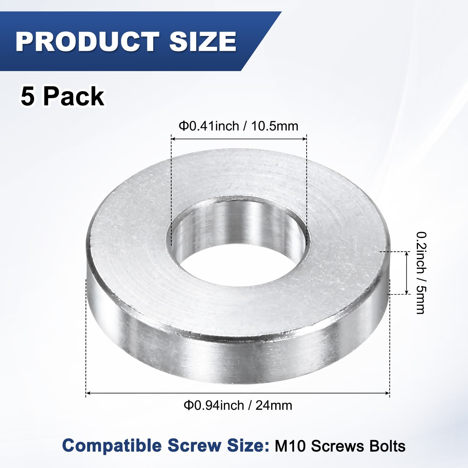 5-Pack M10 Aluminum Spacers 10.5mm ID x 24mm OD x 5mm L, for Screws Bolts 3