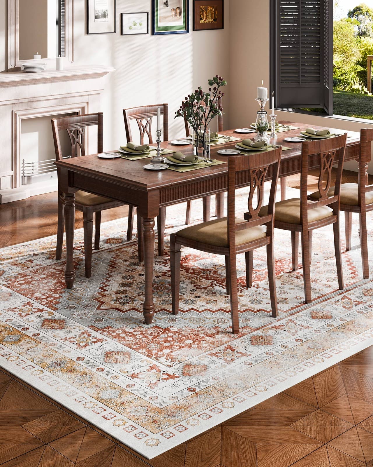 Uimoso Large Area Rug 9 x 12 ft Anti-Skid Floor Mat Vintage Brown Red 5