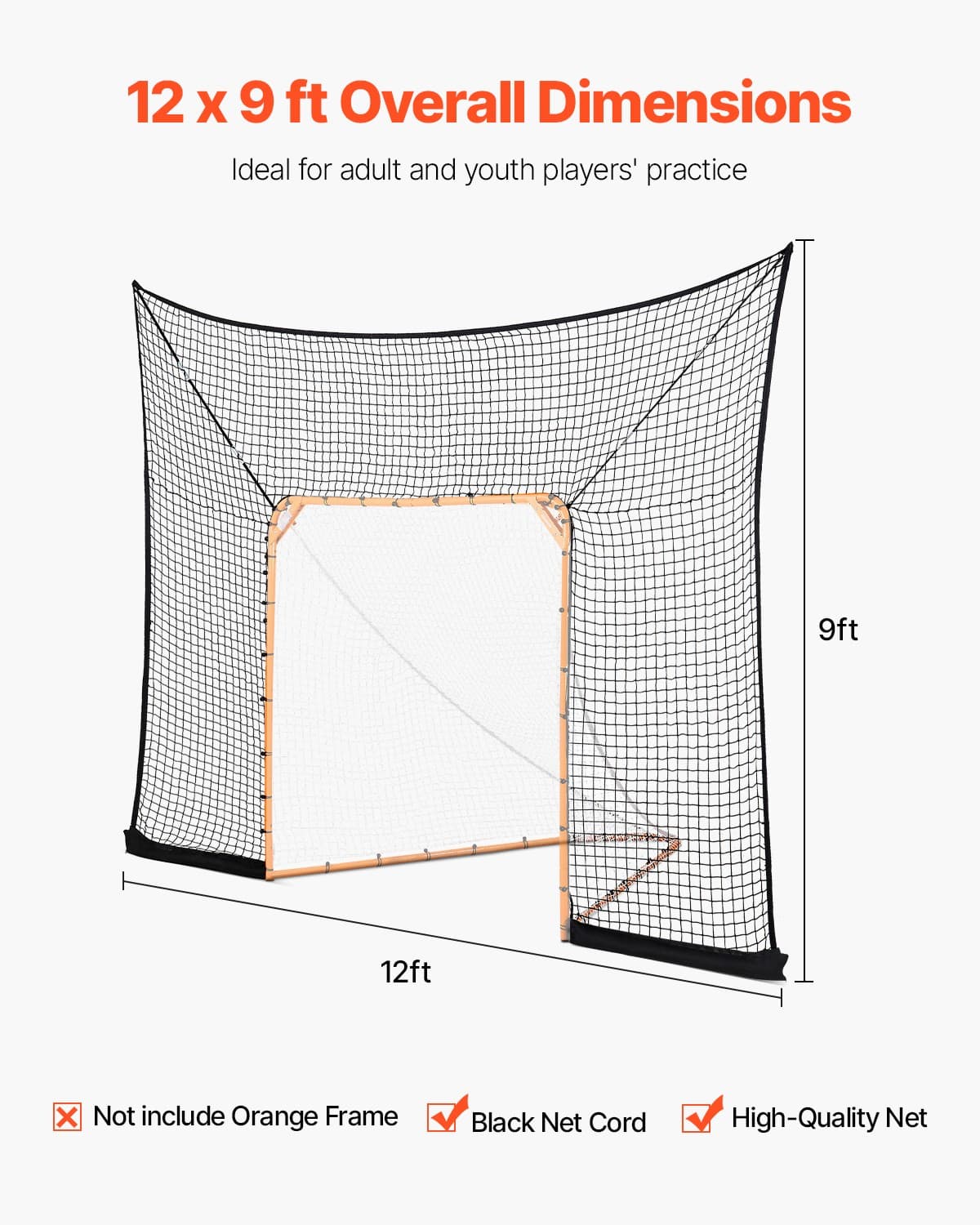 VEVOR 12x9 ft Hockey Lacrosse Goal Backstop Training Net Extended Coverage Net 5