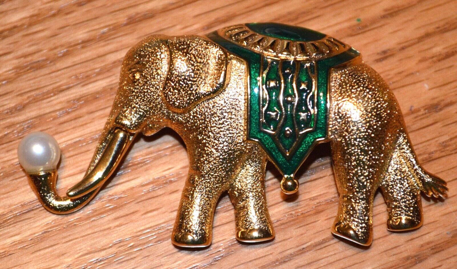 VINTAGE TRIFARI GOLD-PLATED ENAMEL and FAUX PEARL ELEPHANT BROOCH