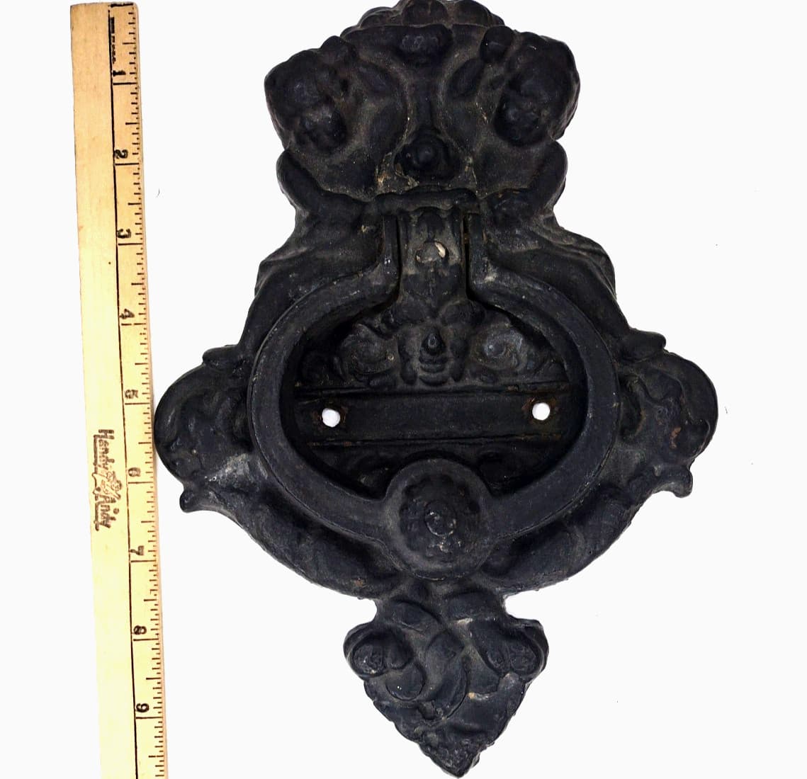 Large Vintage Cast Iron Door Knocker Gothic Cherub Architecture Classic w Screws 2