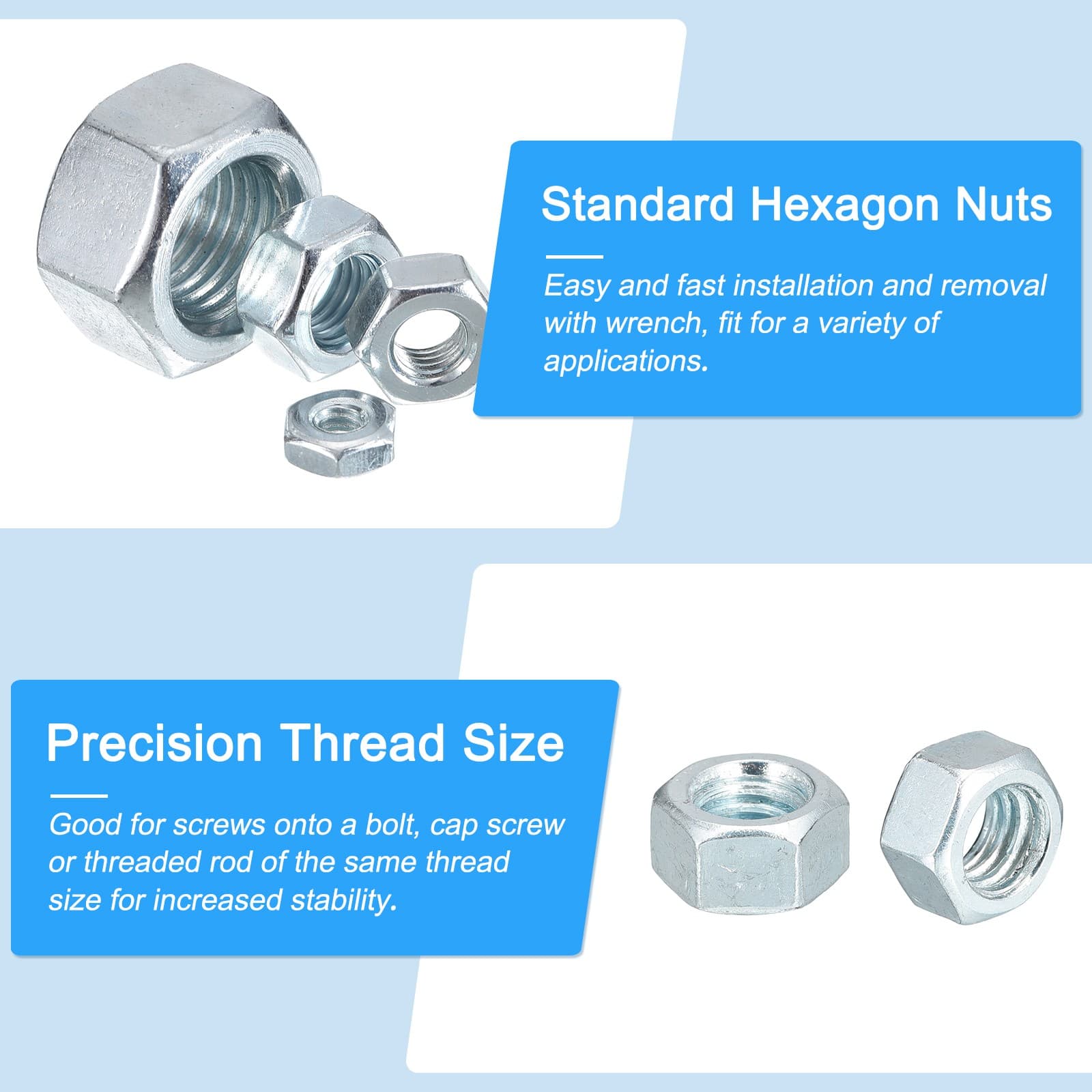 Hex Nuts (3/8"-16) 100Pcs Carbon Steel Coarse Thread Silver 6