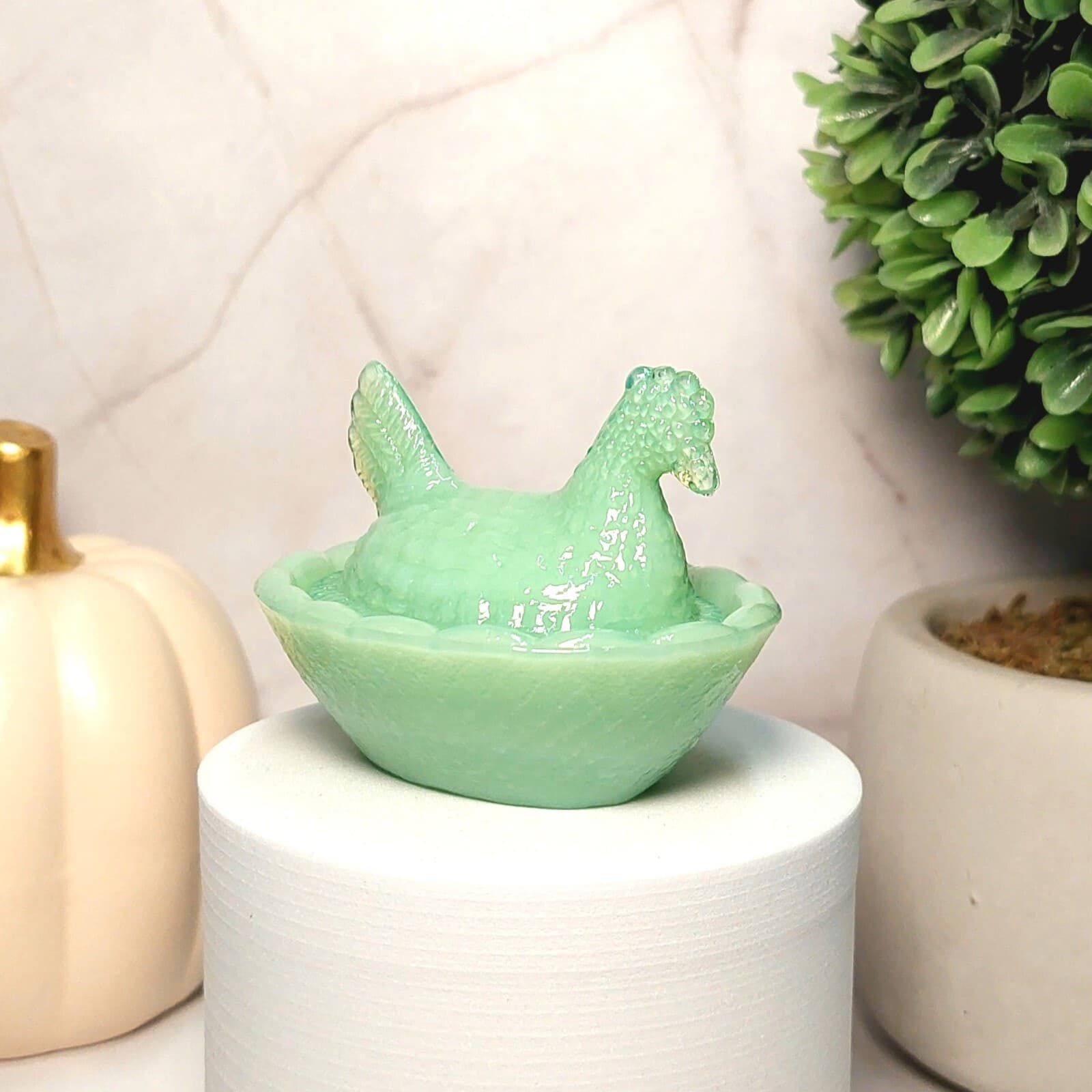 Vintage Hen On Nest Chicken Salt Cellar Dish, Jadeite Depression Style Glass 4