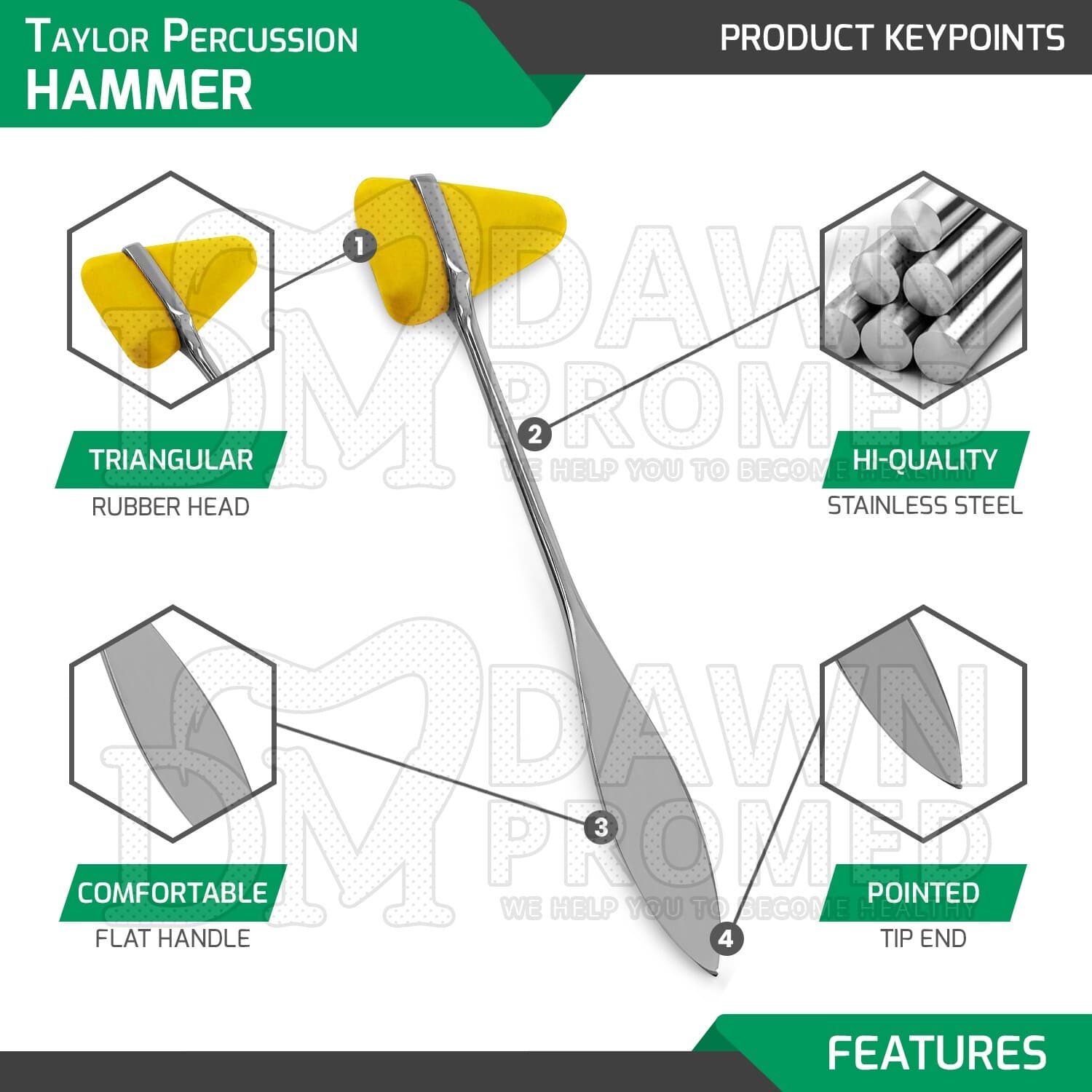 Yellow 7.5" Taylor Percussion (Reflex) Hammer Medical Surgical Inst German Grade 3