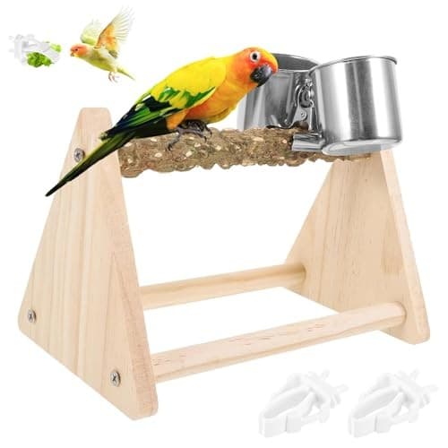 Parrot Play Wood Stand with Feeder Cups, Bird Grinding Perch Bird Perch Stand 3
