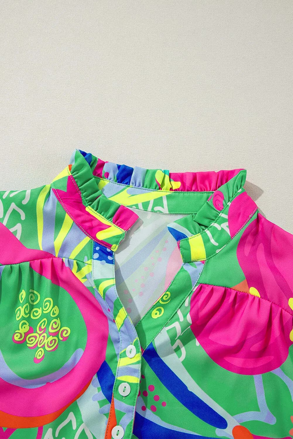 Green Abstract Print Ruffled Sleeve Buttoned V Neck Blouse 5