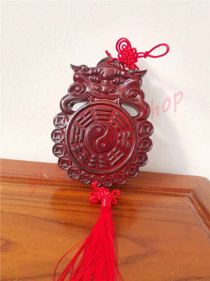 Peach Wood Beast Head Bagua Mirror Tiger Head Pendant Wood Carving Feng Shui 2