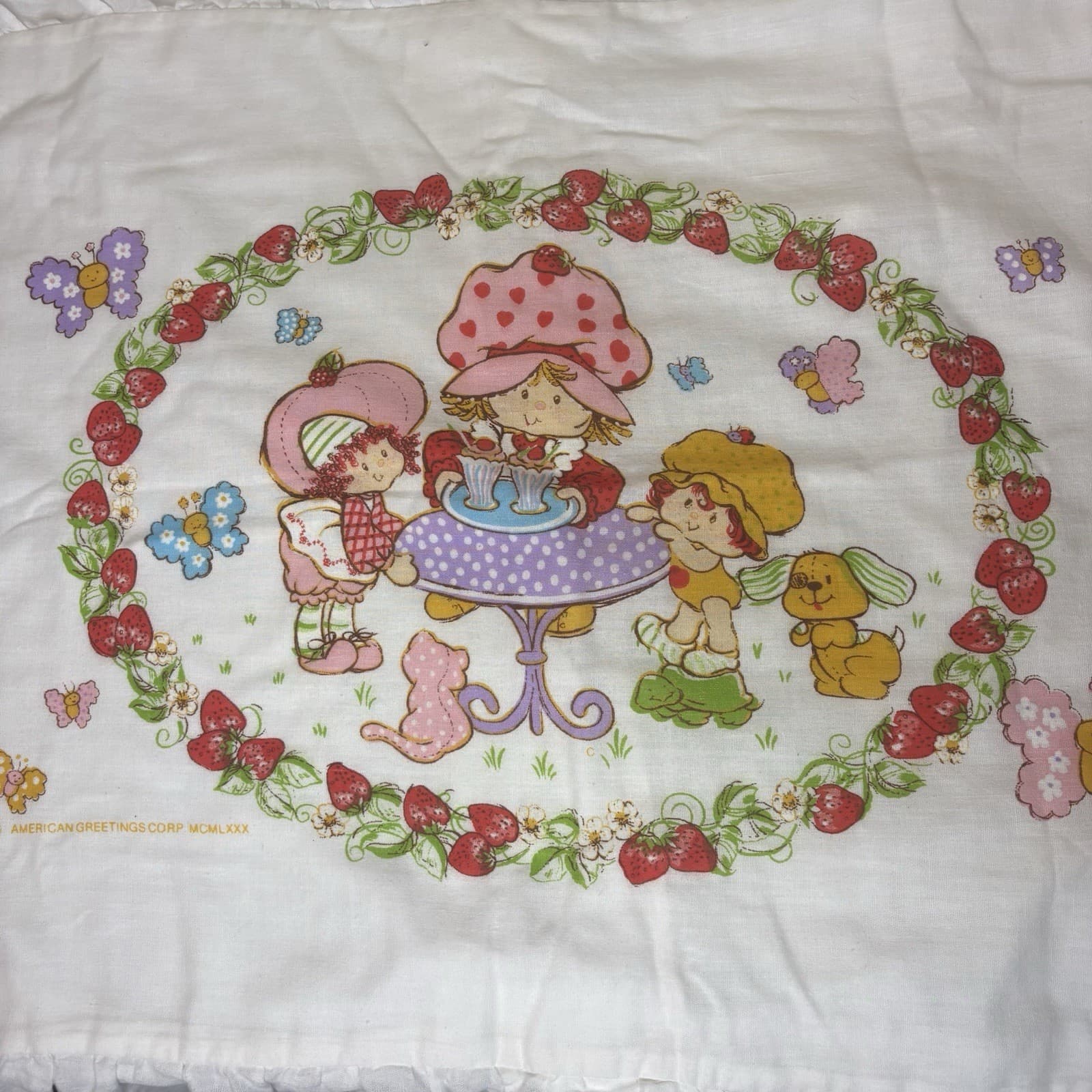 VTG American Greetings Strawberry Shortcake Ruffle Pillow Sham Set 2 White 1980 2