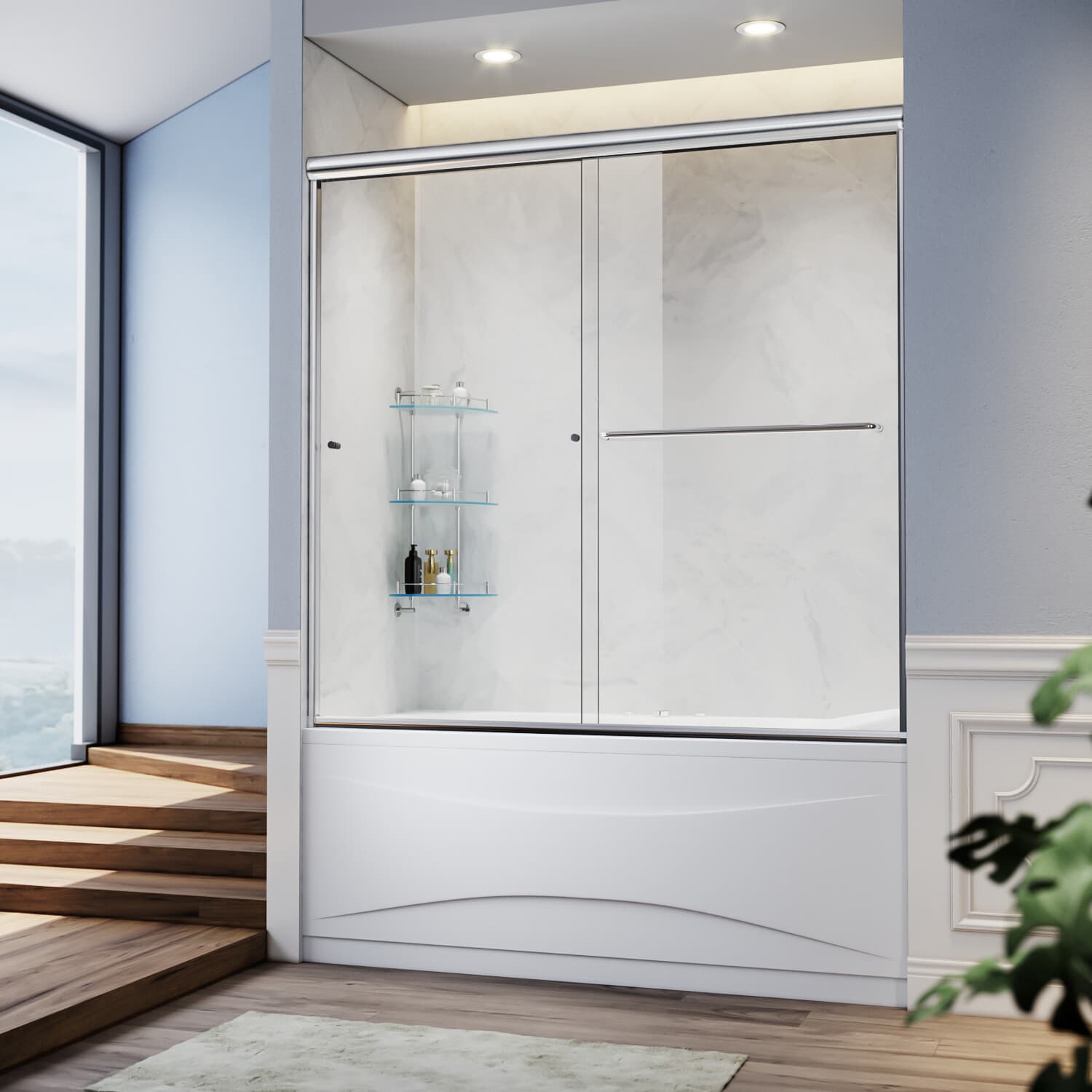 SUNNY SHOWER Bathtub Shower Door 60" x 57 3/8'' Shower Tub 1/4" Glass Panel 3