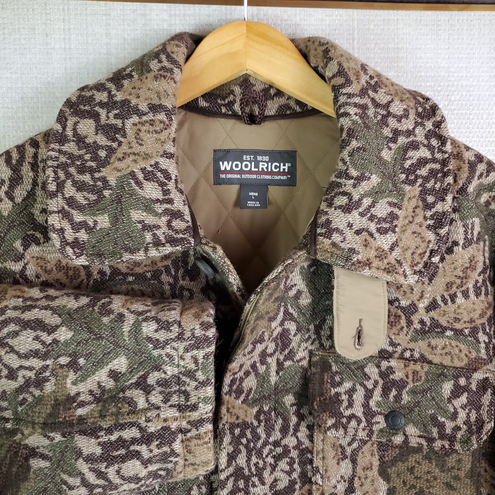 Rare WOOLRICH Size Large Mens Wool Camouflage Field Jacket Coat Button Front 4