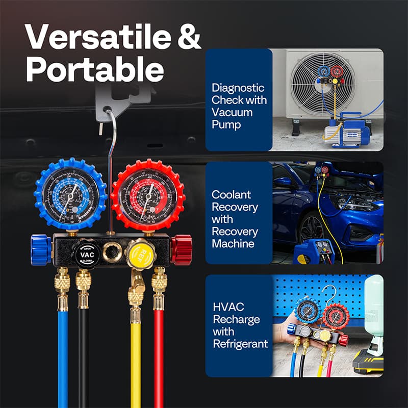 AC Manifold Gauge Set 4 Way For R134a R410a R22 R32 Refrigerat with 5ft Hoses 6