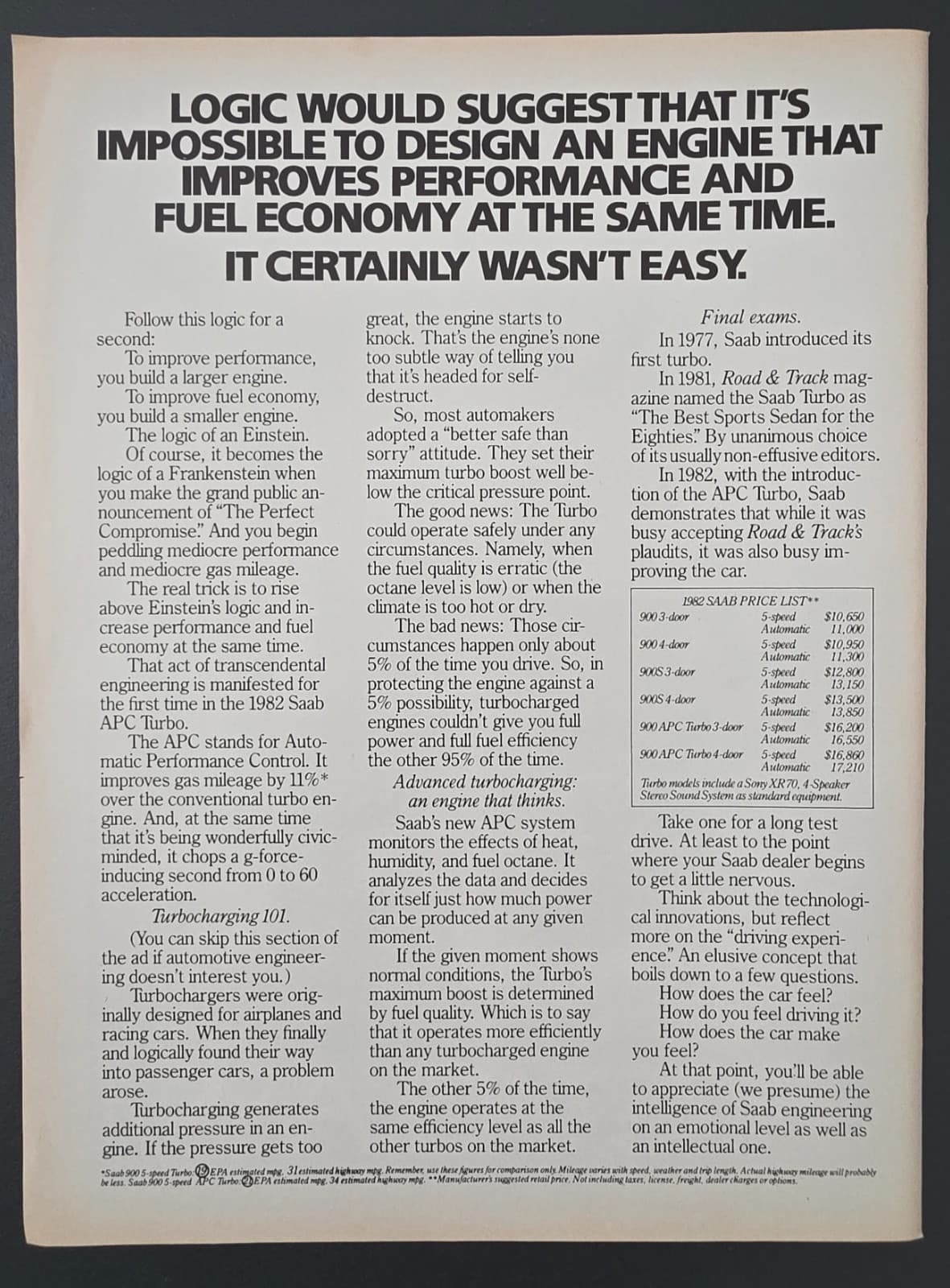 1982 2-Pafge PRINT AD SAAB 900 Turb "It certainly wasn't easy" 2