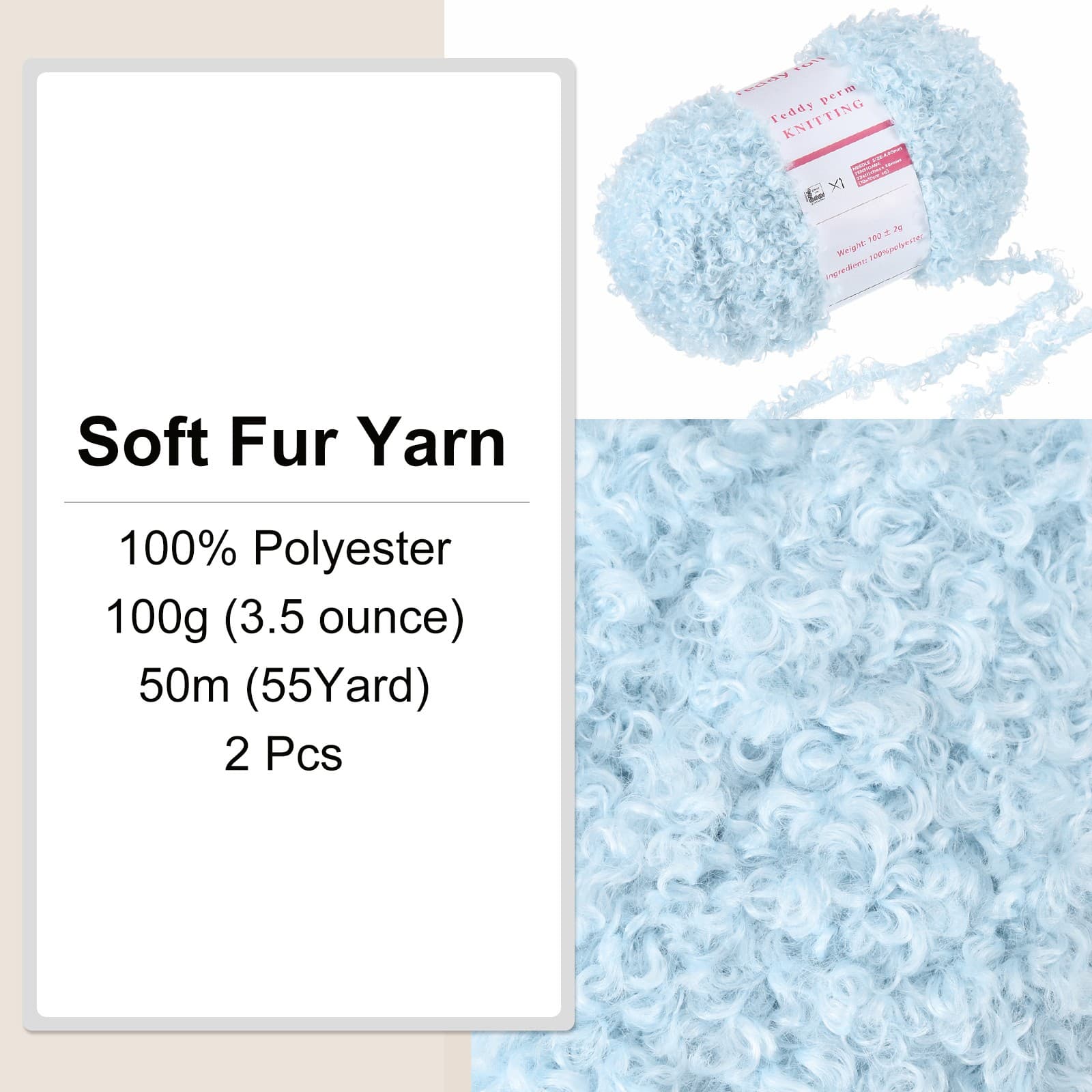 2pcs Fur Yarn Polyester Yarn Fluffy Chunky Yarn Sky Blue for Crocheting,50m 3