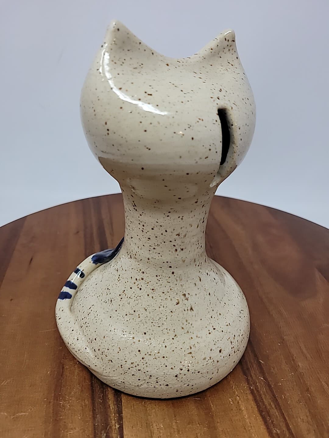 Vintage Skinny Cat Piggy Bank Stoneware Studio Art  Pottery Folk Hesperus Blue 4