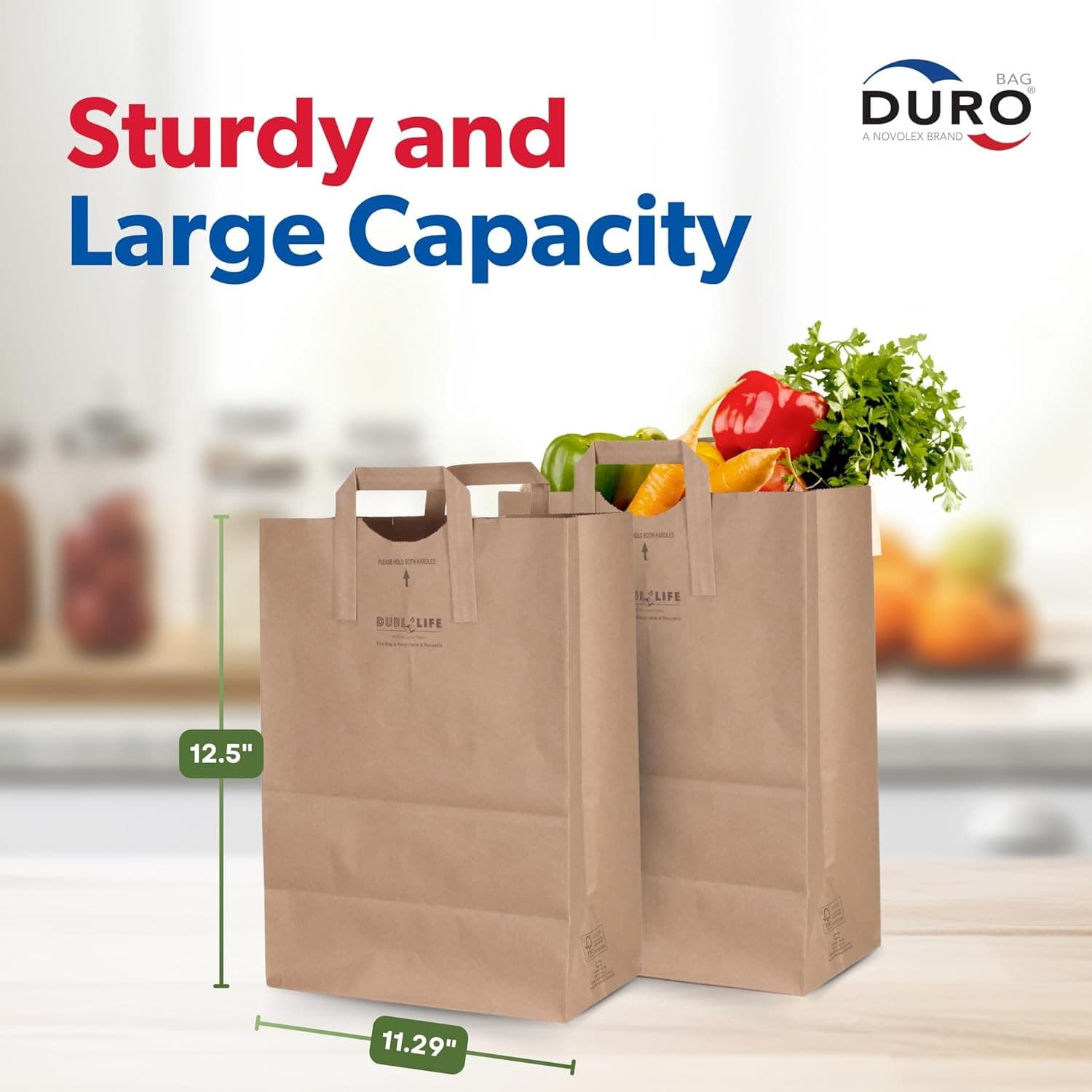 Duro 70# Large Brown Paper Bags with Handles Bulk 50 Count, 12 x 7 x 17  4