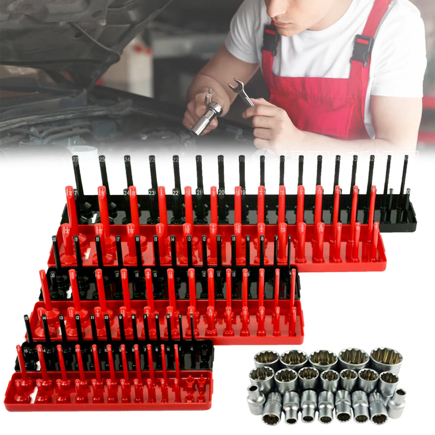 6PCS Socket Organizer Tray Set Hold 90 Metric&76 SAE Socket 1/4" 3/8" 1/2" Drive 4