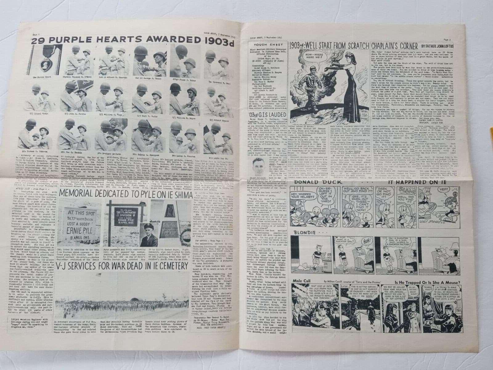 WW2 TOUGH SHEET IE SHIMA NEWSPAPER Sept. 1945 1903rd ENGINEER AVIATION BATTALION 3