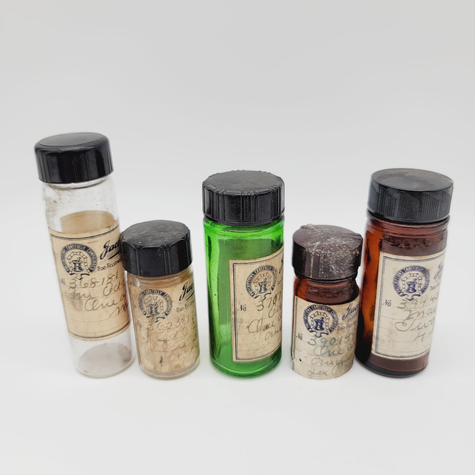 5 Vtg Glass Pharmacy RX Prescription Medication Pill Bottles 1940s Odd Fellows  2
