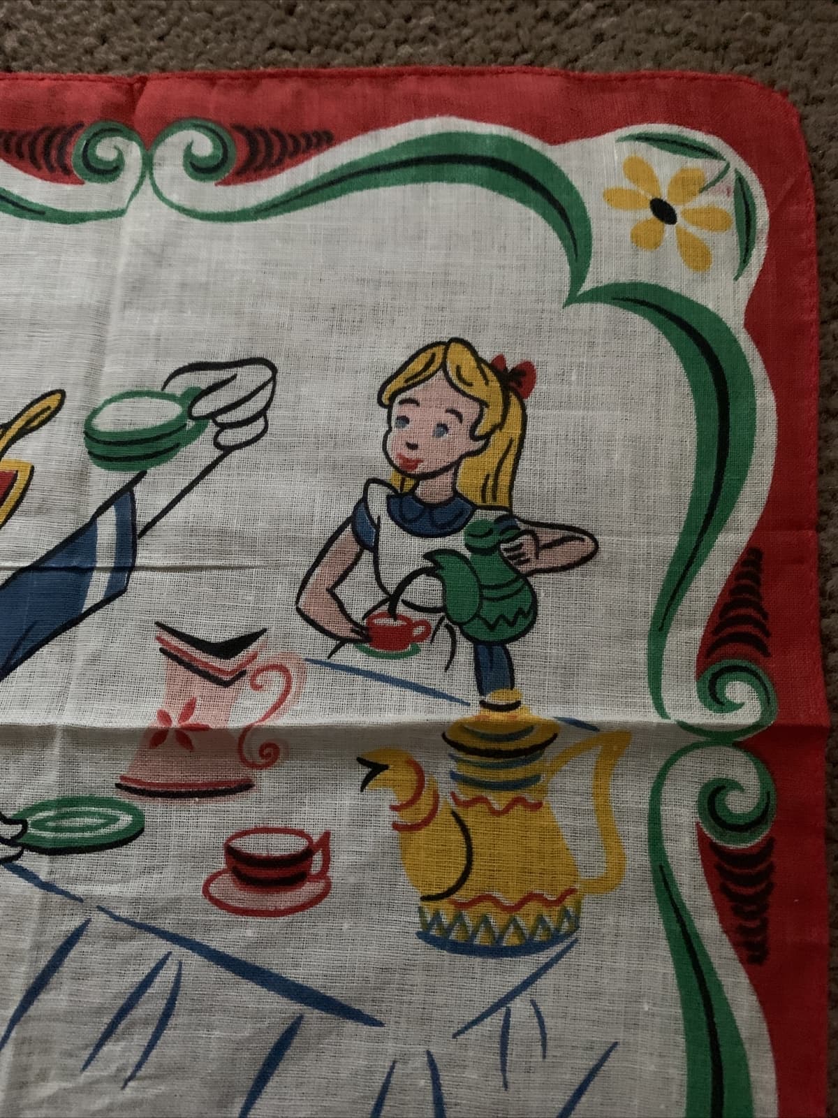Vintage Walt Disney Handkerchief Donald Duck Alice Tea Party  4